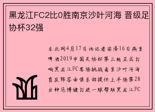 黑龙江FC2比0胜南京沙叶河海 晋级足协杯32强